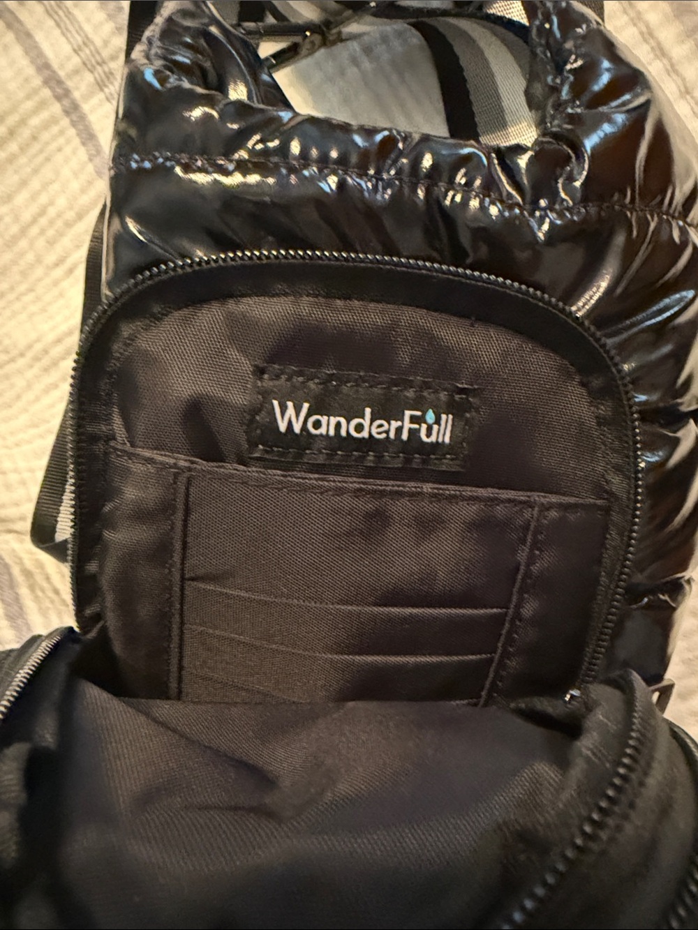 Black Quilted Puffer Belt Water Bottle Bag with Striped Adjustable Strap - Picture 2 of 6